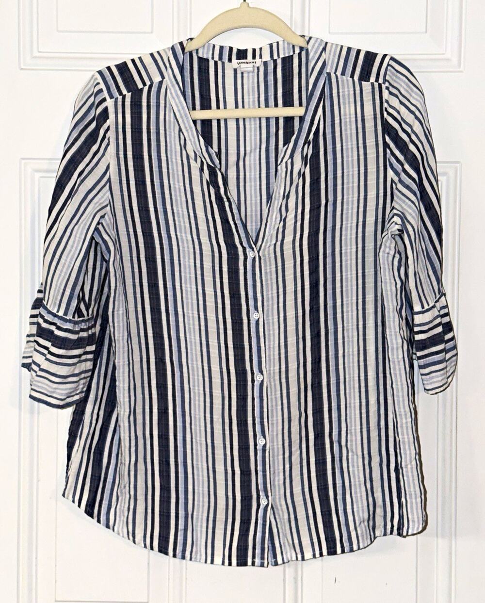 Westport Blue/White Striped V-Neck Button Front Woven Rayon Blouse L